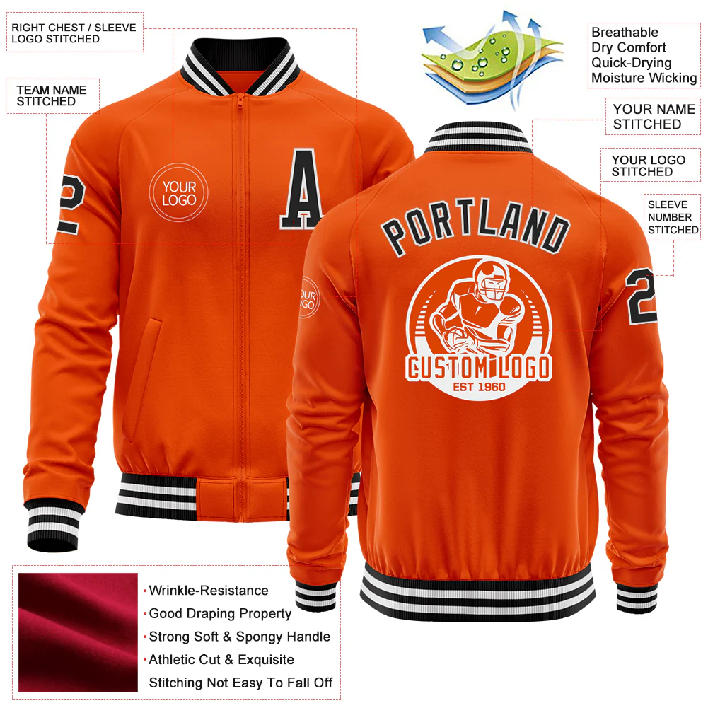 Custom Orange Black-White Bomber Varsity Letterman Zipper Jacket - Image 4