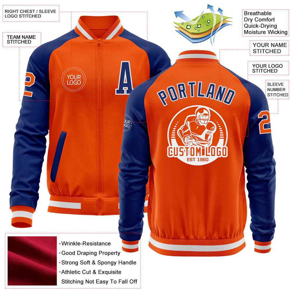 Custom Orange White-Royal Bomber Varsity Letterman Two Tone Zipper Jacket - Image 4