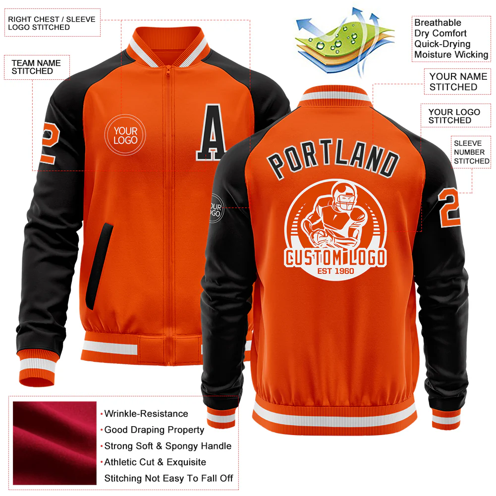 Custom Orange White-Black Bomber Varsity Letterman Two Tone Zipper Jacket - Image 4