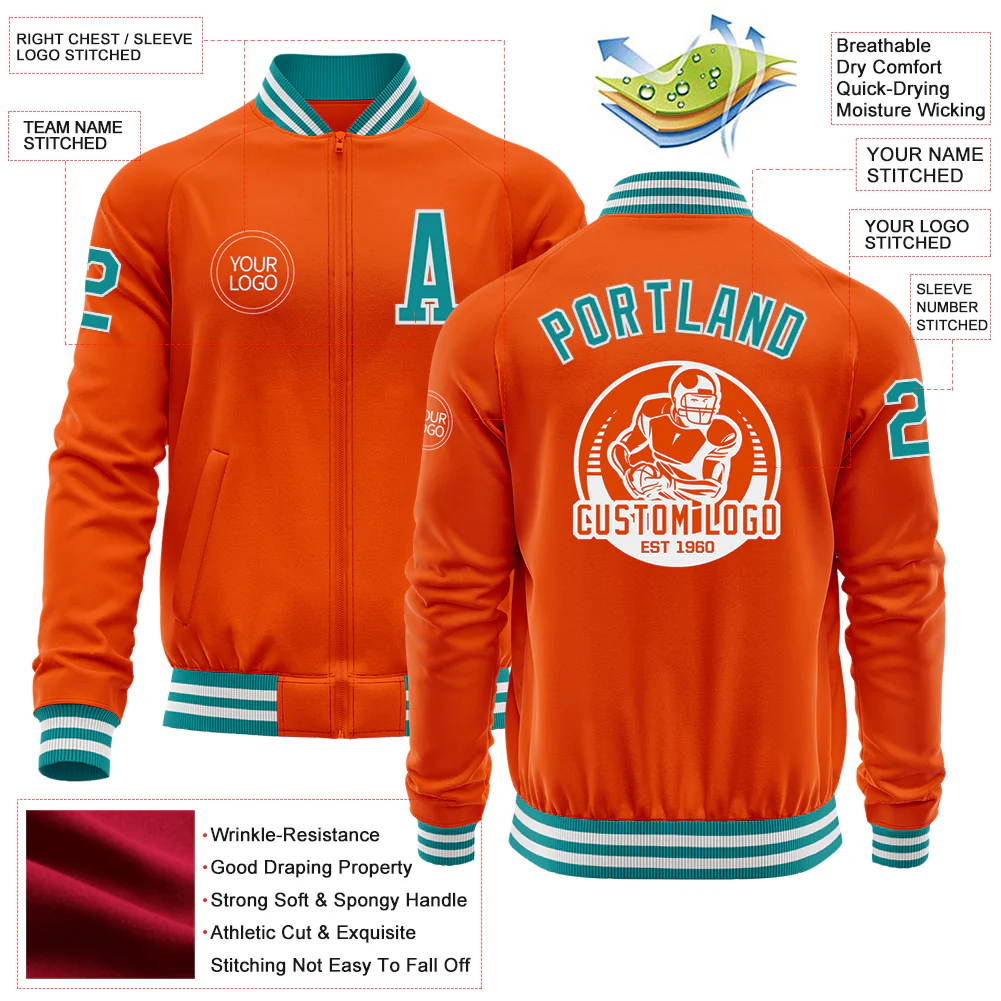 Custom Orange Teal-White Bomber Varsity Letterman Zipper Jacket - Image 4