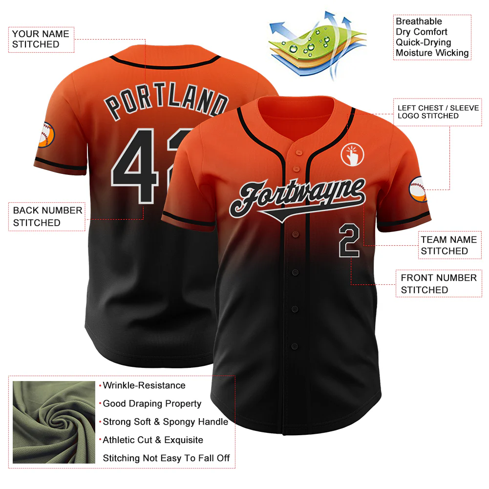 Custom Orange Black-White Authentic Fade Fashion Baseball Jersey - Image 3