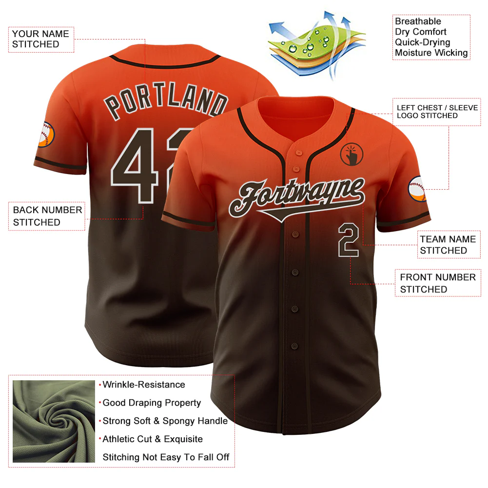 Custom Orange Brown-White Authentic Fade Fashion Baseball Jersey - Image 3
