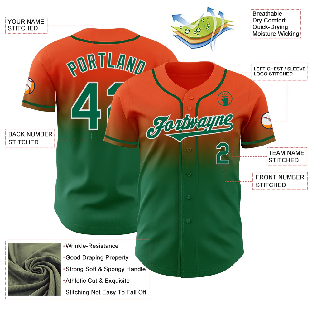 Custom Orange Kelly Green-White Authentic Fade Fashion Baseball Jersey - Image 3