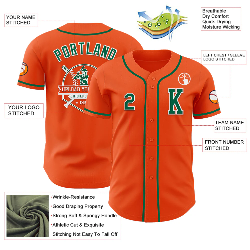 Custom Orange Kelly Green-White Authentic Baseball Jersey - Image 6
