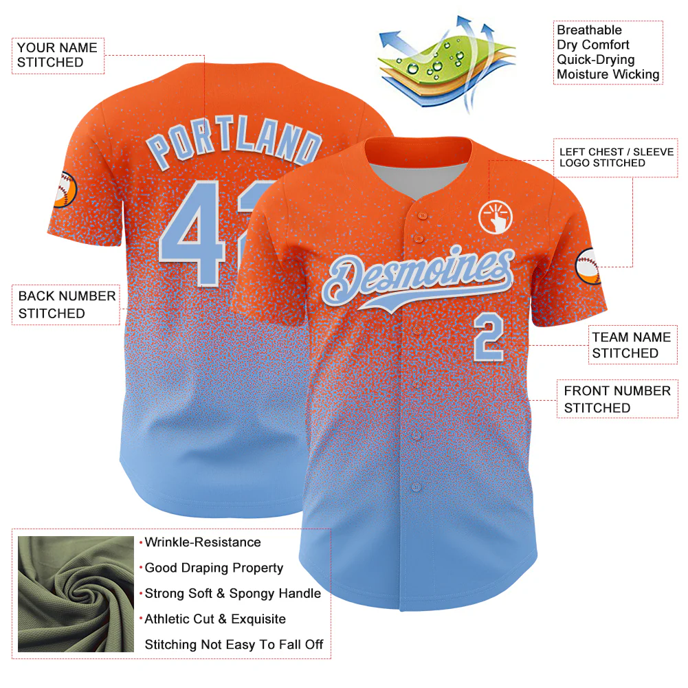 Custom Orange Light Blue-White Fade Fashion Speckle Authentic Baseball Jersey - Image 3