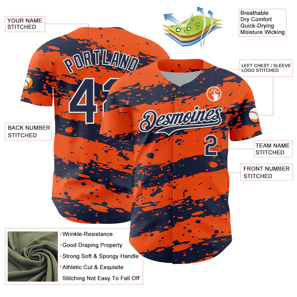 Custom Orange Navy-White Paint Splash Stripe Authentic Baseball Jersey - Image 3