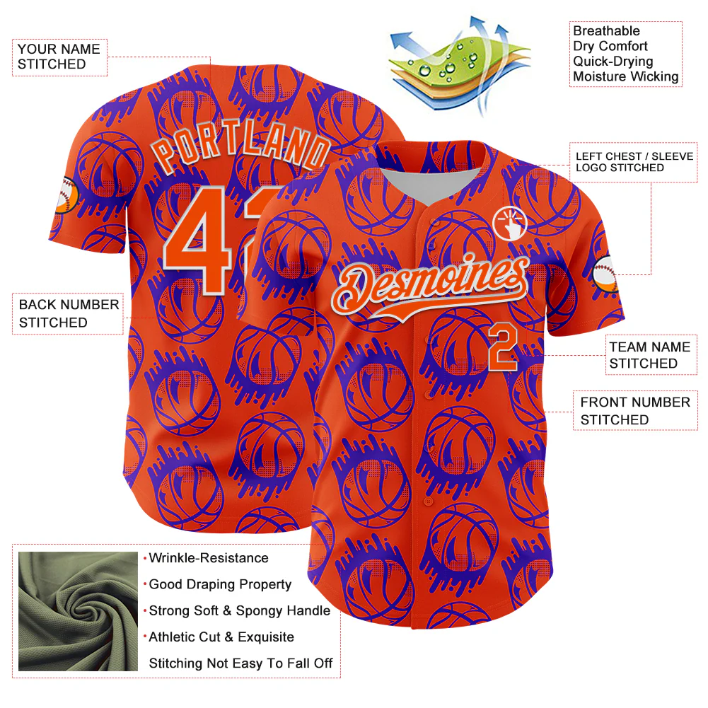 Custom Orange White Comic Doodle Ballgame 3D Pattern Design Authentic Baseball Jersey - Image 3