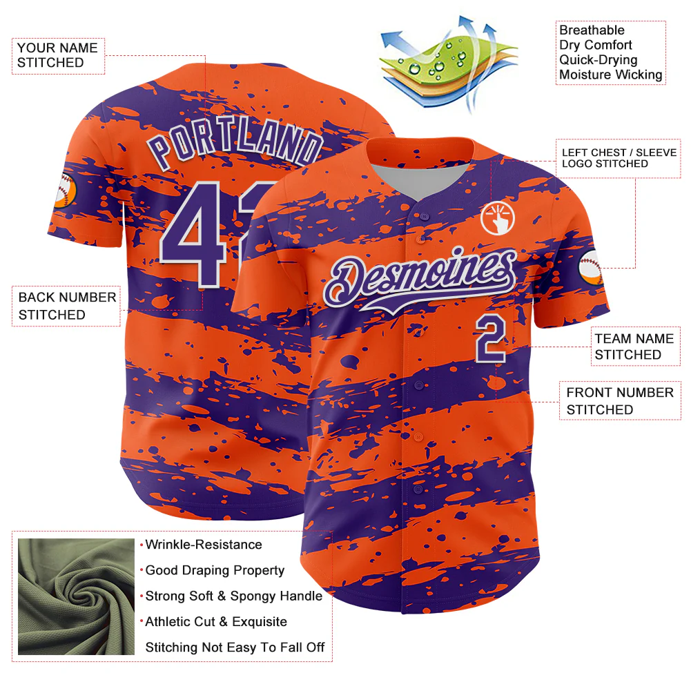 Custom Orange Purple-White Paint Splash Stripe Authentic Baseball Jersey - Image 3