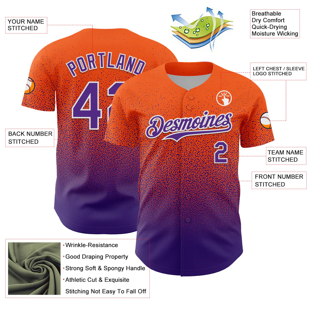 Custom Orange Purple-White Fade Fashion Speckle Authentic Baseball Jersey - Image 3