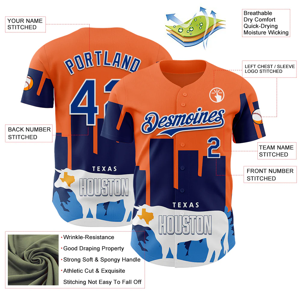 Custom Orange Royal-White Houston Texas Cityscape Landmark City Symbol Authentic Baseball Jersey - Image 3