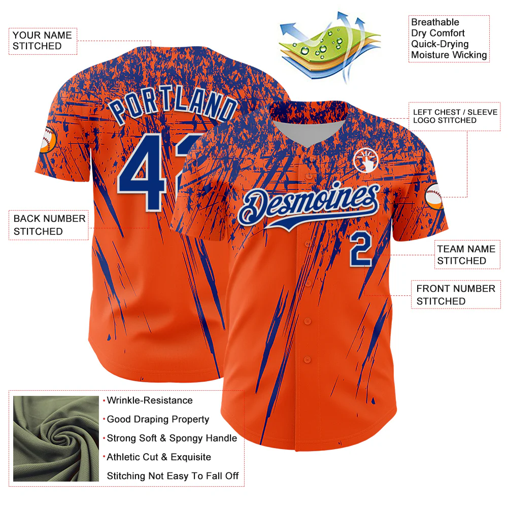 Custom Orange Royal-White Distressed Scratch Brush Stroke Authentic Baseball Jersey - Image 3