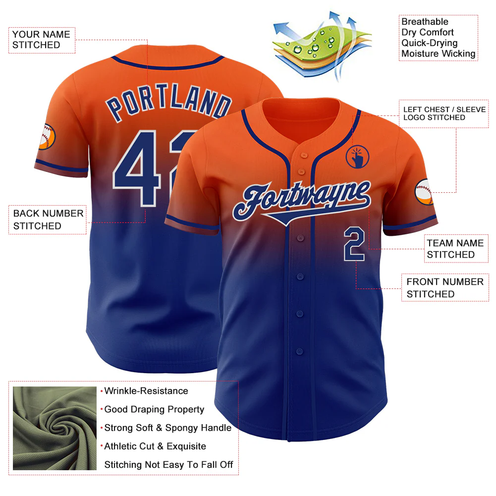 Custom Orange Royal-White Authentic Fade Fashion Baseball Jersey - Image 3