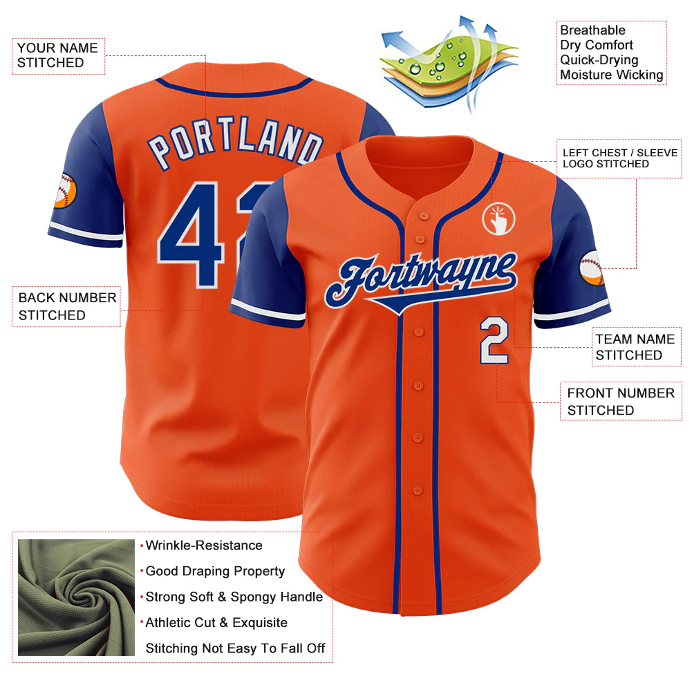 Custom Orange Royal-White Authentic Two Tone Baseball Jersey - Image 3