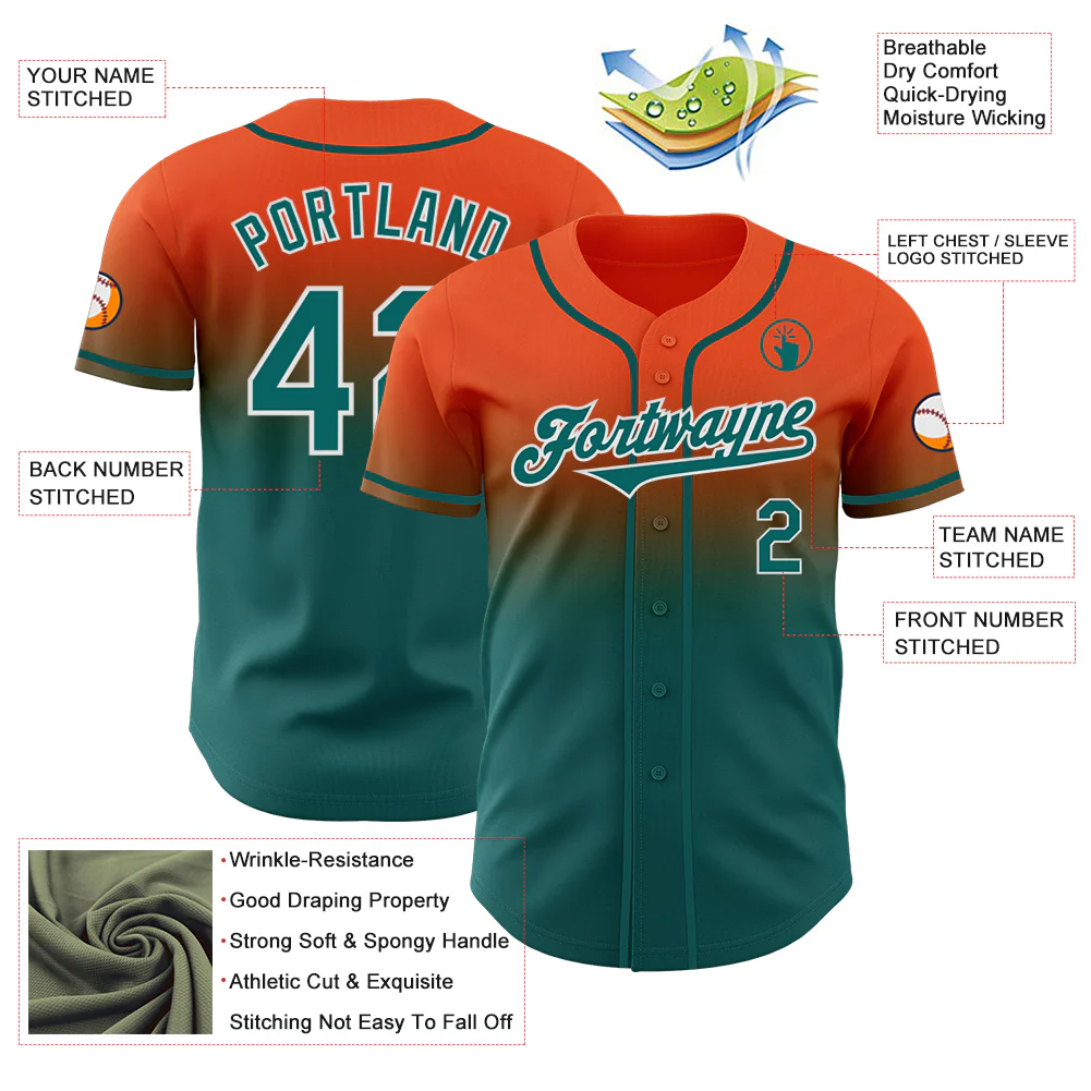 Custom Orange Teal-White Authentic Fade Fashion Baseball Jersey - Image 3