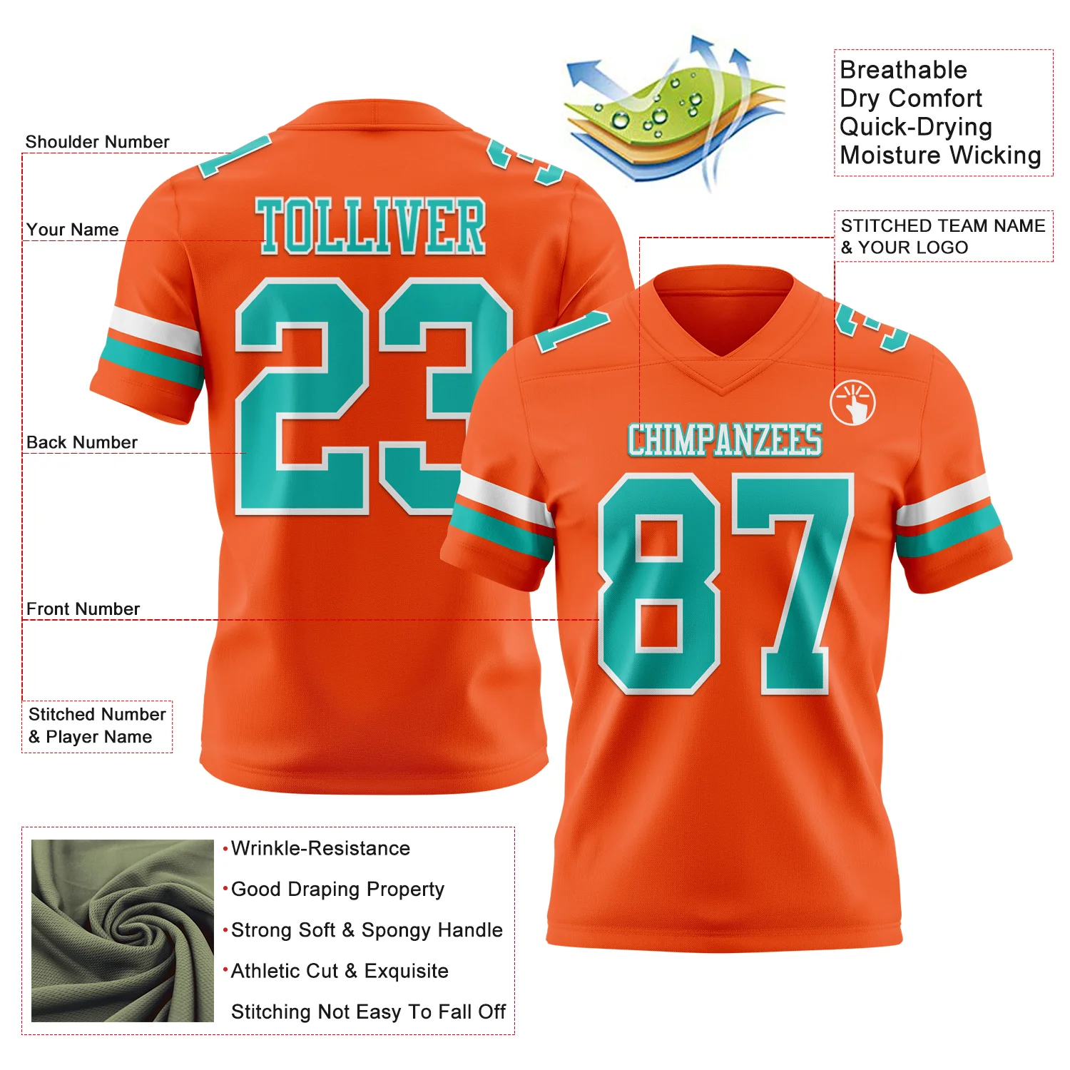 Custom Orange Aqua-White Authentic Football Jersey - Image 3