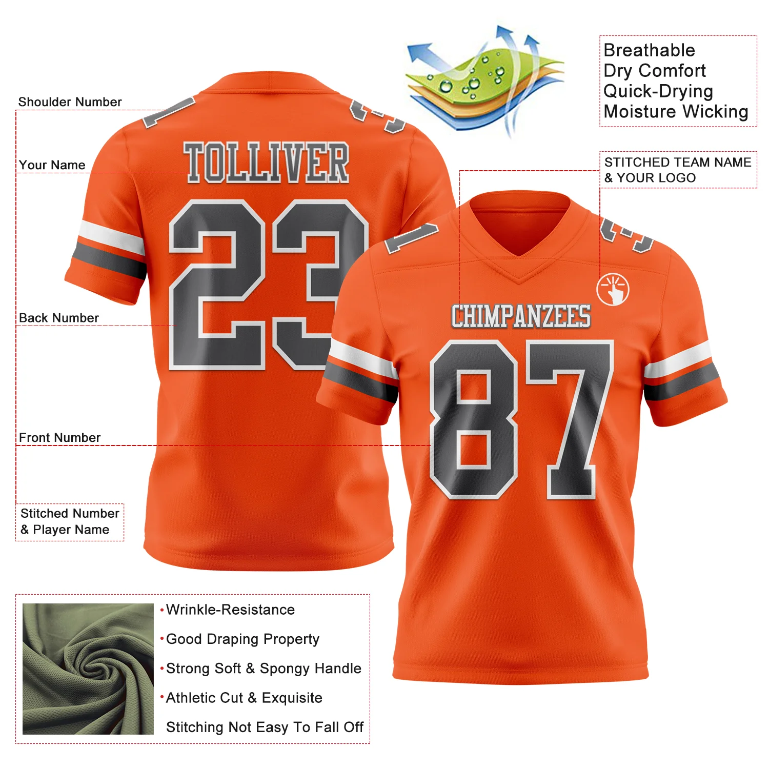 Custom Orange Steel Gray-White Authentic Football Jersey - Image 3