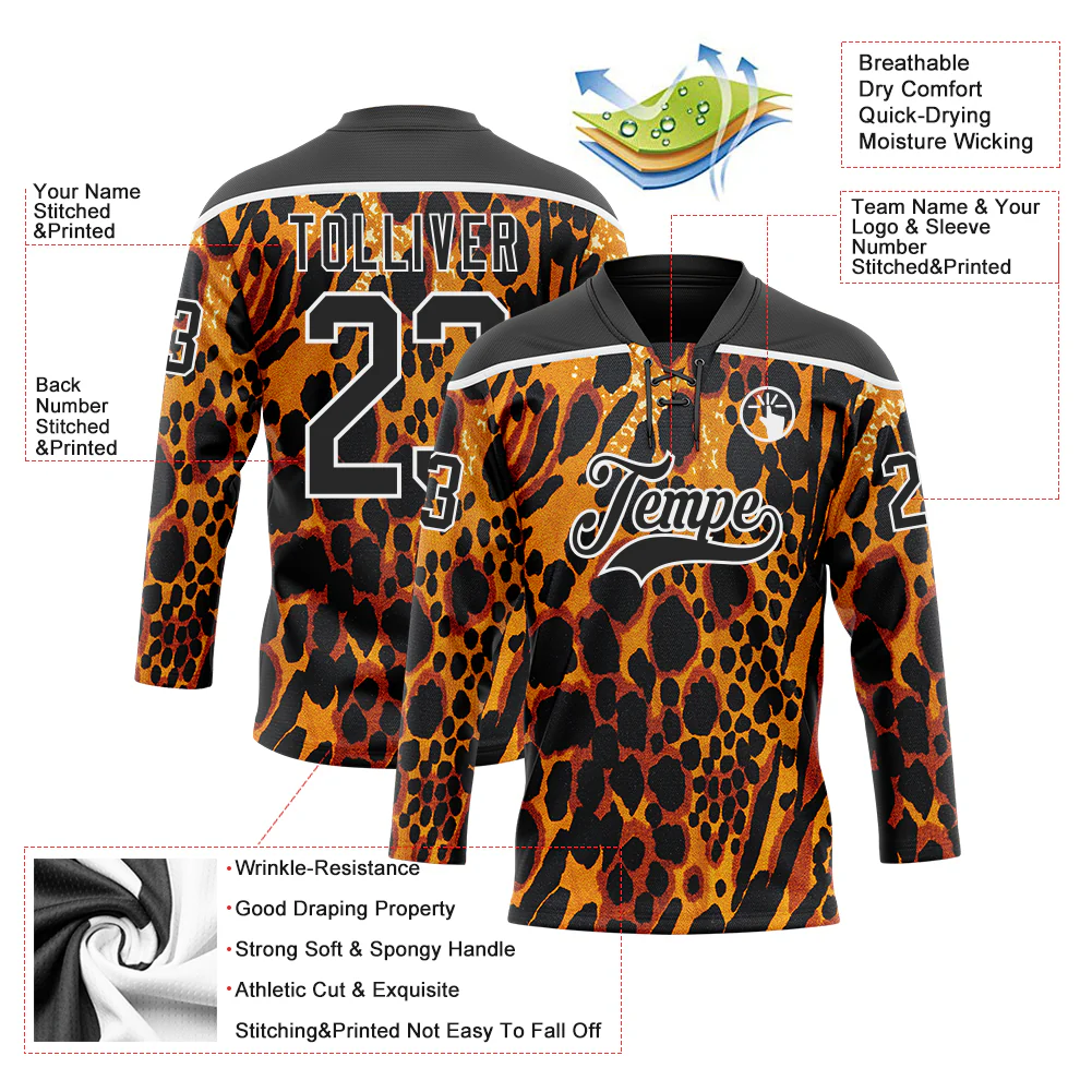 Custom Orange Black-White Leopard Print Hockey Lace Neck Jersey - Image 5