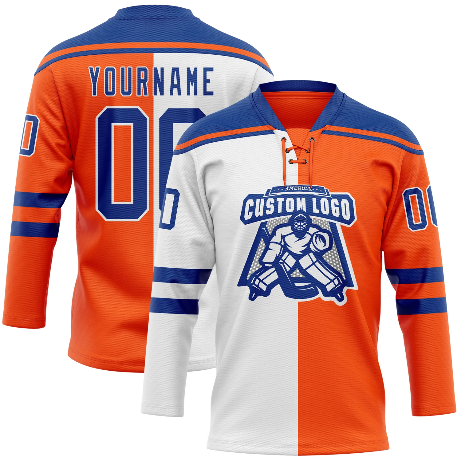 Custom Orange Royal-White Split Fashion Hockey Lace Neck Jersey - Image 2