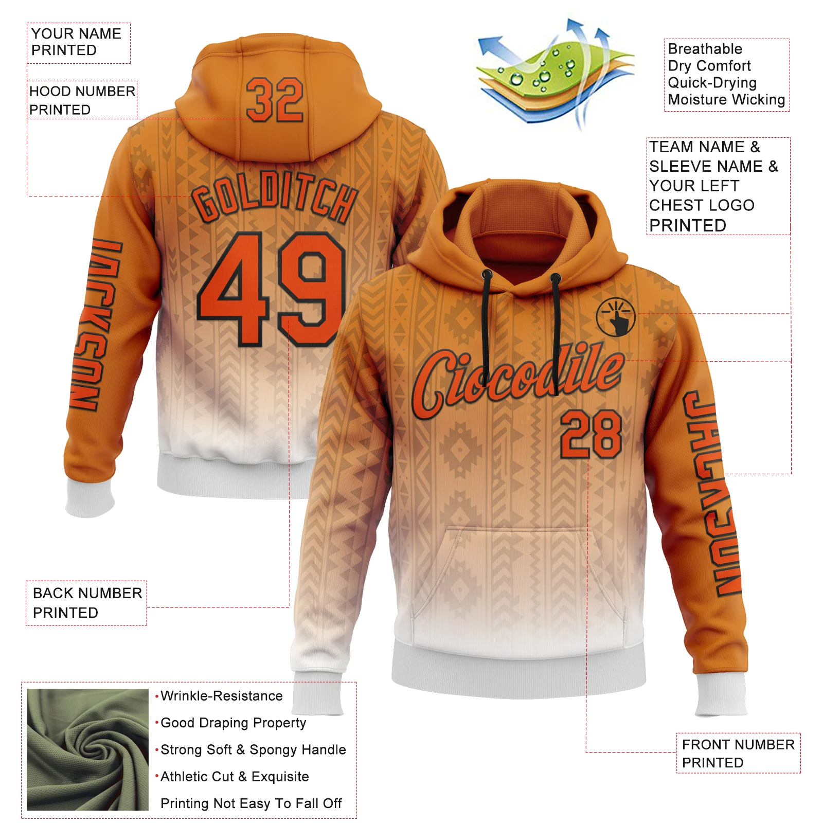 Custom Orange White-Black 3D Pattern Design Ethnic Tribal Sportswear Pullover Sweatshirt Hoodie - Image 2