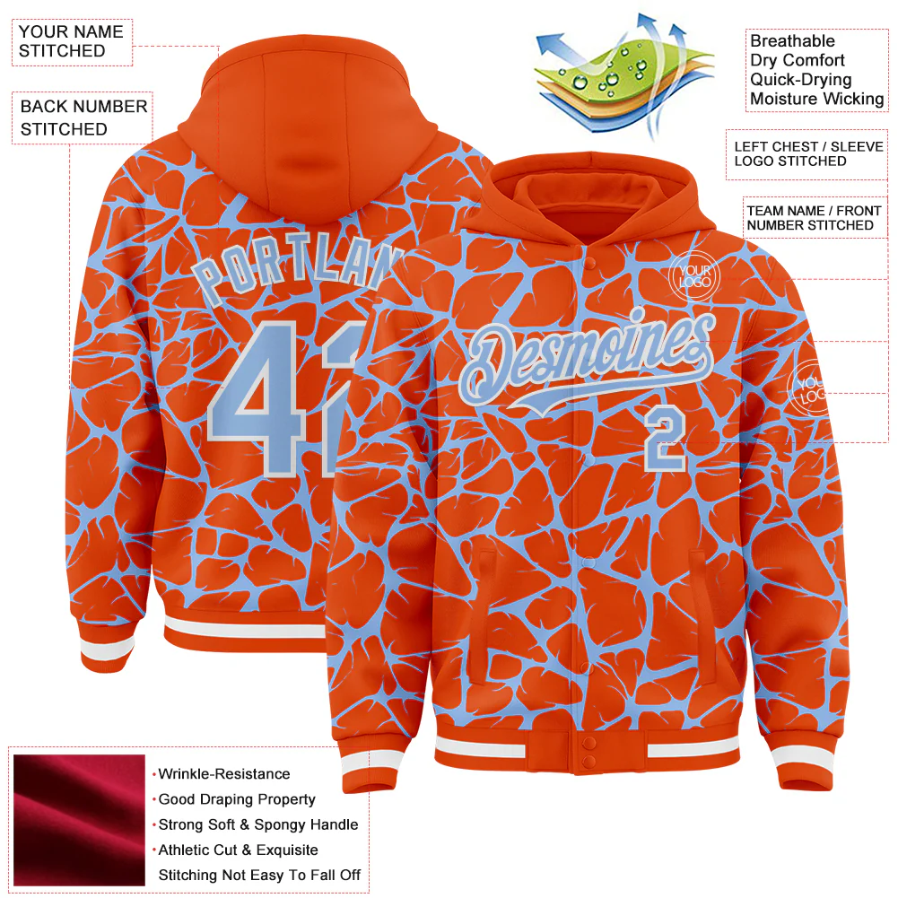 Custom Orange Light Blue-White Abstract Network Bomber Full-Snap Varsity Letterman Hoodie Jacket - Image 4