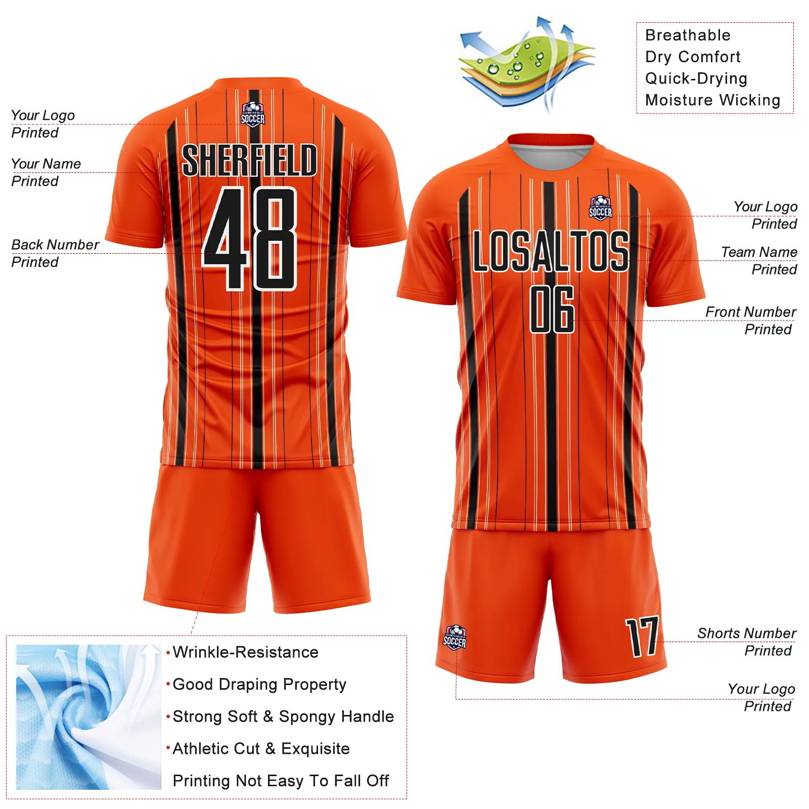 Custom Orange Black-White Stripe Sublimation Soccer Uniform Jersey - Image 4