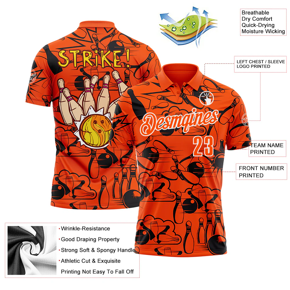 Custom Orange White 3D Bowling Performance Polo Shirt - Image 3