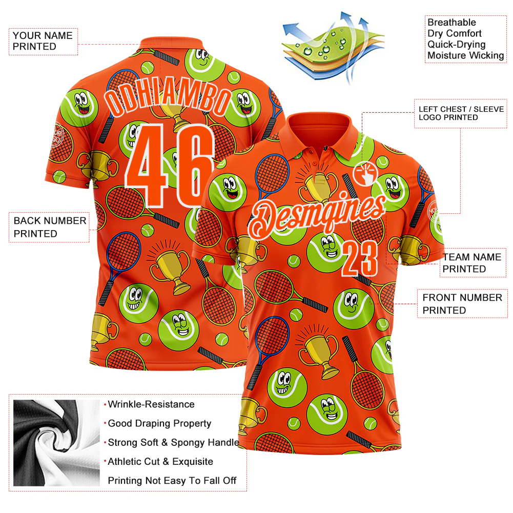 Custom Orange White 3D Tennis Performance Polo Shirt - Image 3