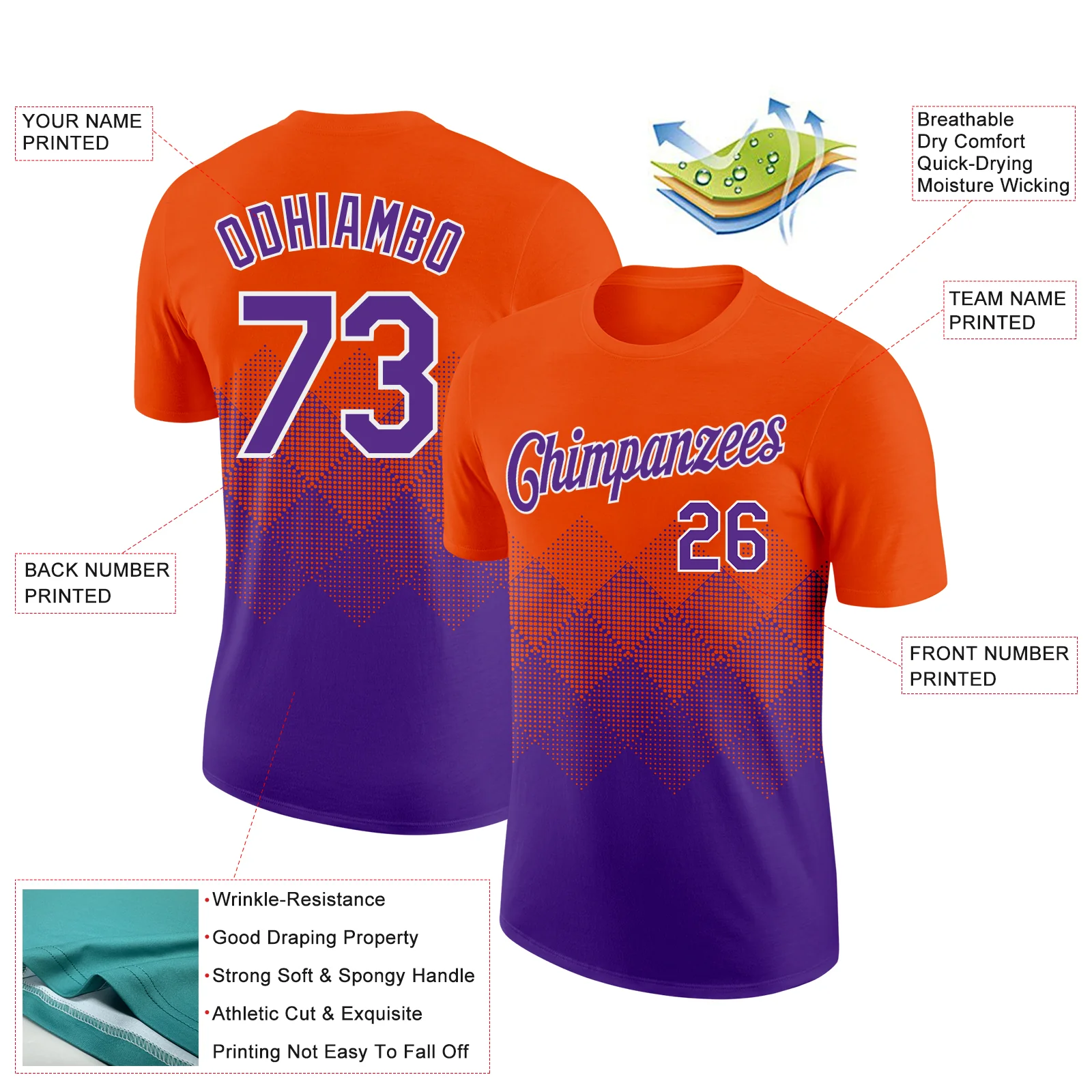 Custom Orange Purple-White 3D Pattern Design Gradient Square Shapes Performance T-Shirt - Image 2