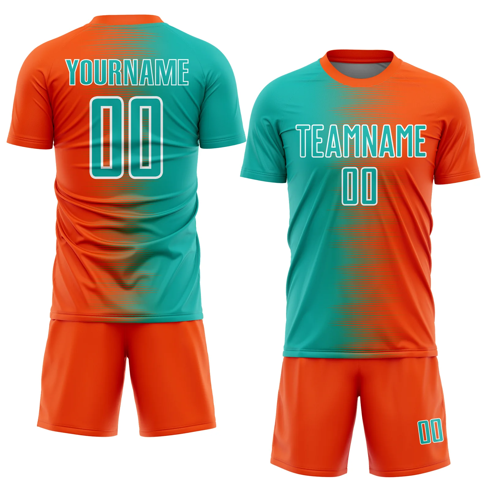 Custom Orange Aqua-White Gradient Line Sublimation Soccer Uniform Jersey - Image 2
