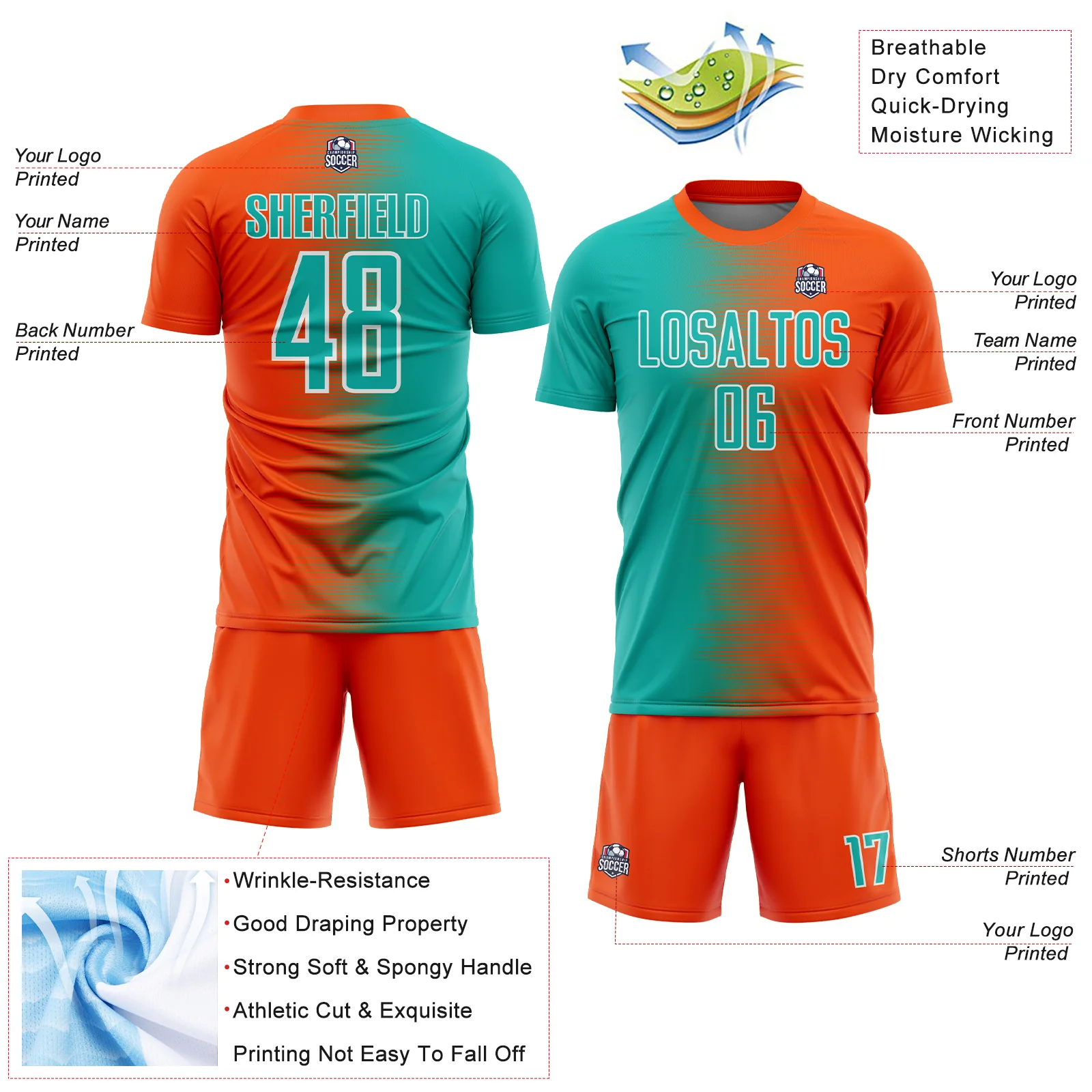 Custom Orange Aqua-White Gradient Line Sublimation Soccer Uniform Jersey - Image 4