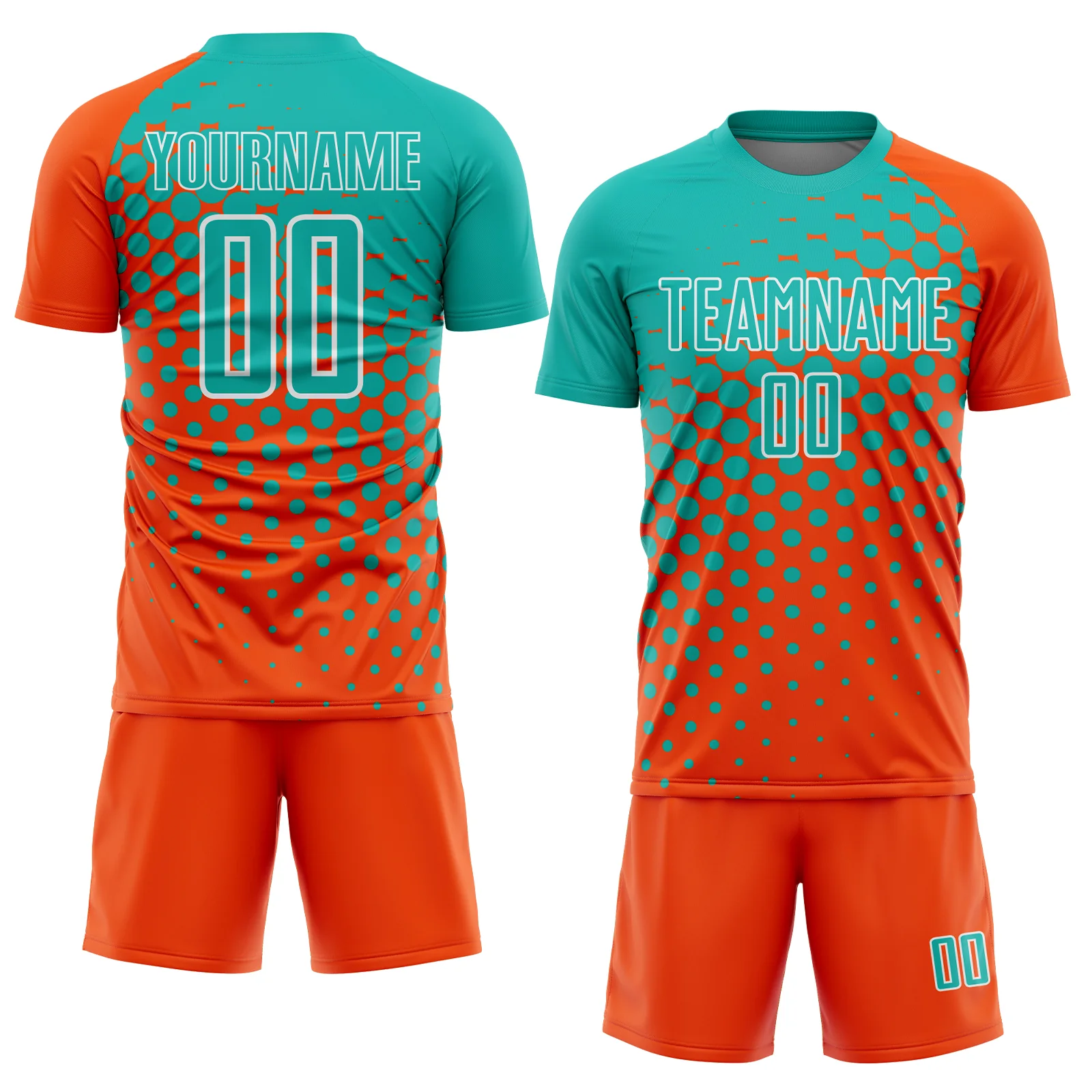 Custom Orange Aqua-White Modern Polka Dot Sublimation Soccer Uniform Jersey - Image 2