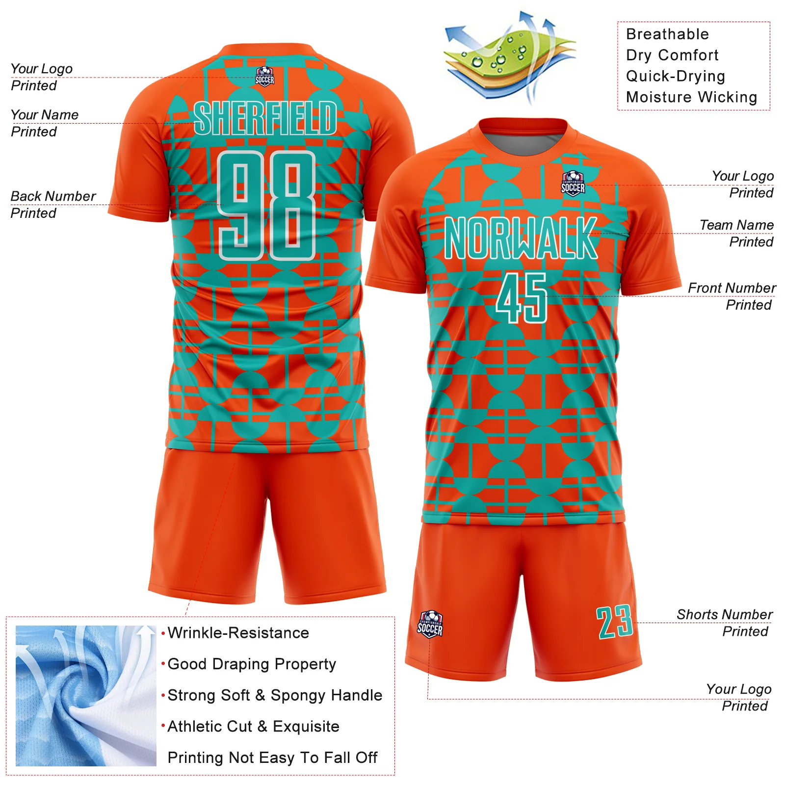 Custom Orange Aqua-White Geometric Shapes Sports Sublimation Soccer Uniform Jersey - Image 4