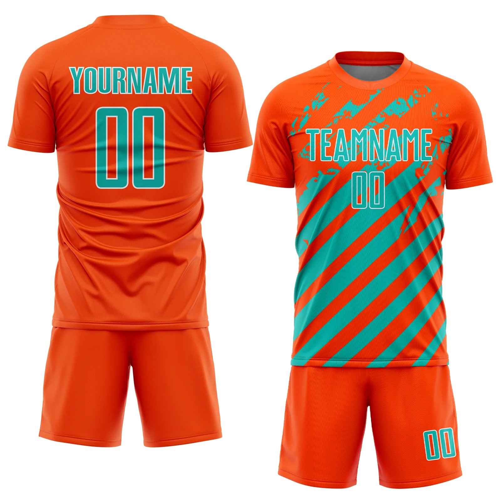 Custom Orange Aqua-White Distressed Diagonal Stripe Pattern Sports Sublimation Soccer Uniform Jersey - Image 2