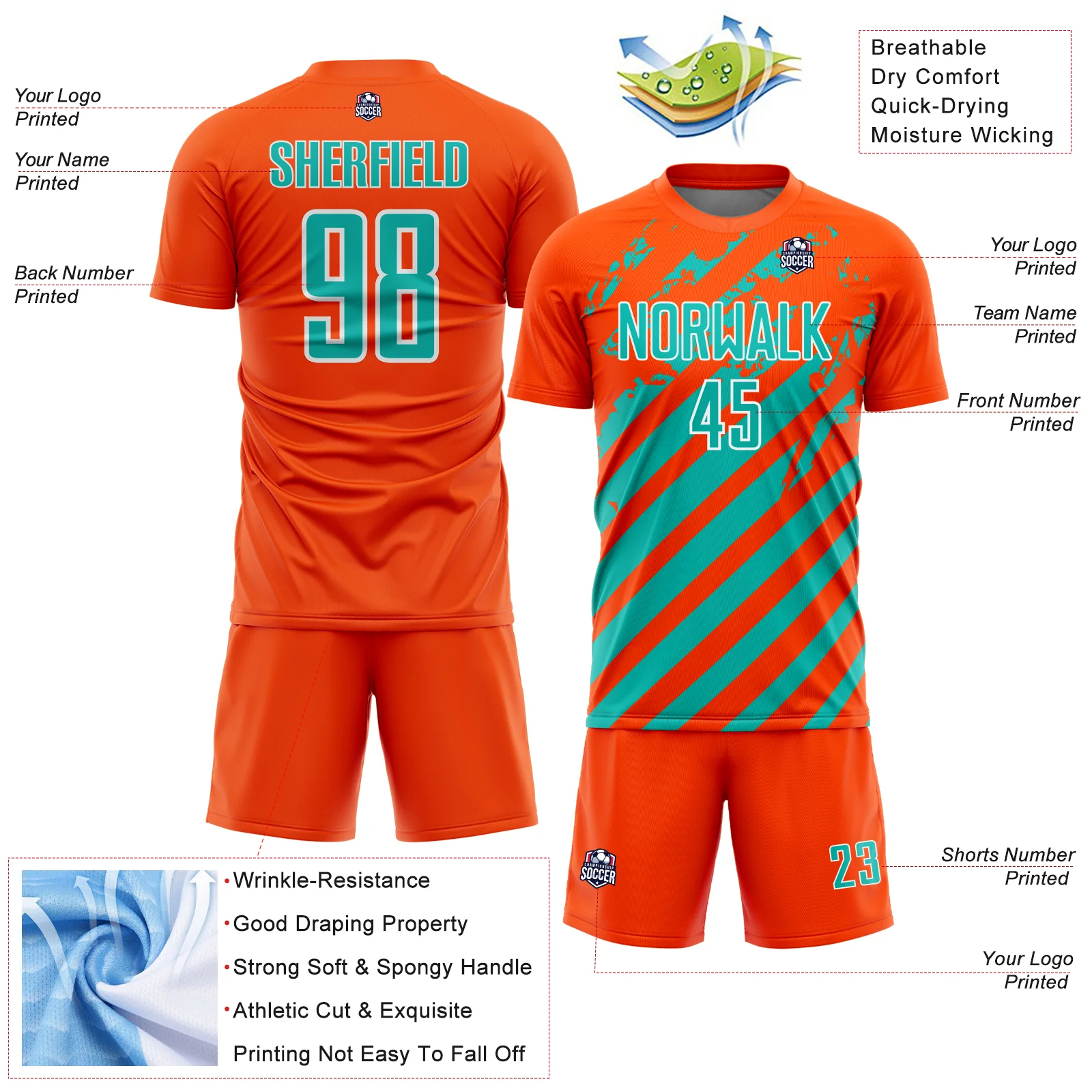 Custom Orange Aqua-White Distressed Diagonal Stripe Pattern Sports Sublimation Soccer Uniform Jersey - Image 4