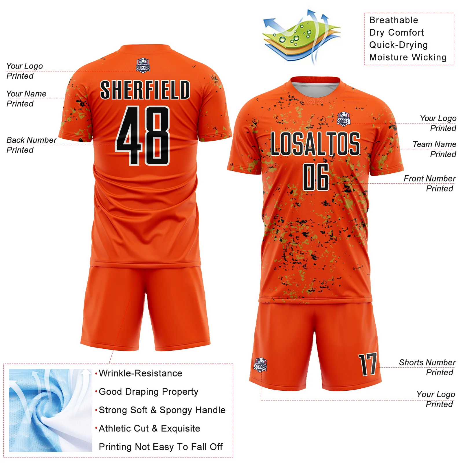 Custom Orange Black-Old Gold Abstract Fragment Art Sublimation Soccer Uniform Jersey - Image 4