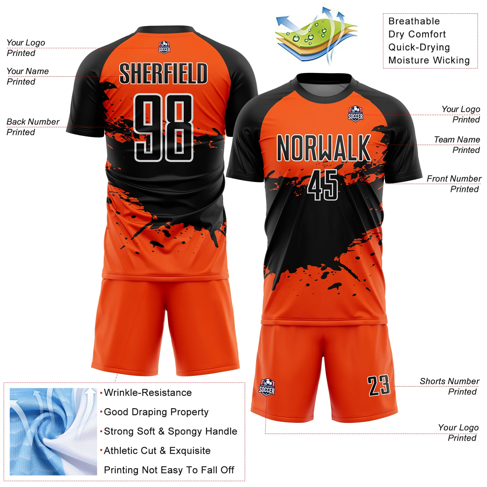 Custom Orange Black-White Splash Sublimation Soccer Uniform Jersey - Image 4