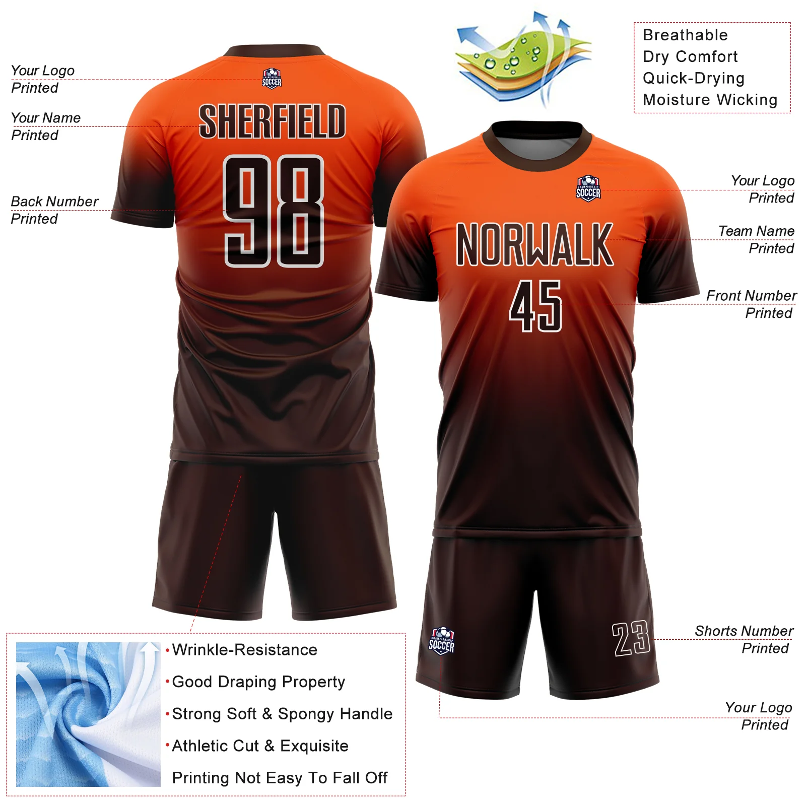 Custom Orange Brown-White Fade Fashion Sublimation Soccer Uniform Jersey - Image 4