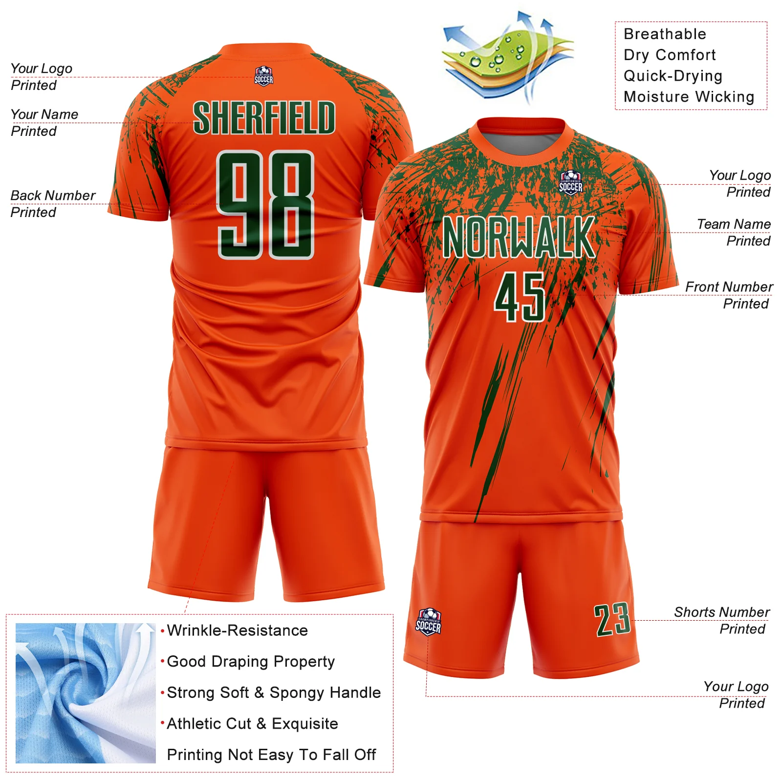 Custom Orange Green-White Splash Sports Sublimation Soccer Uniform Jersey - Image 4