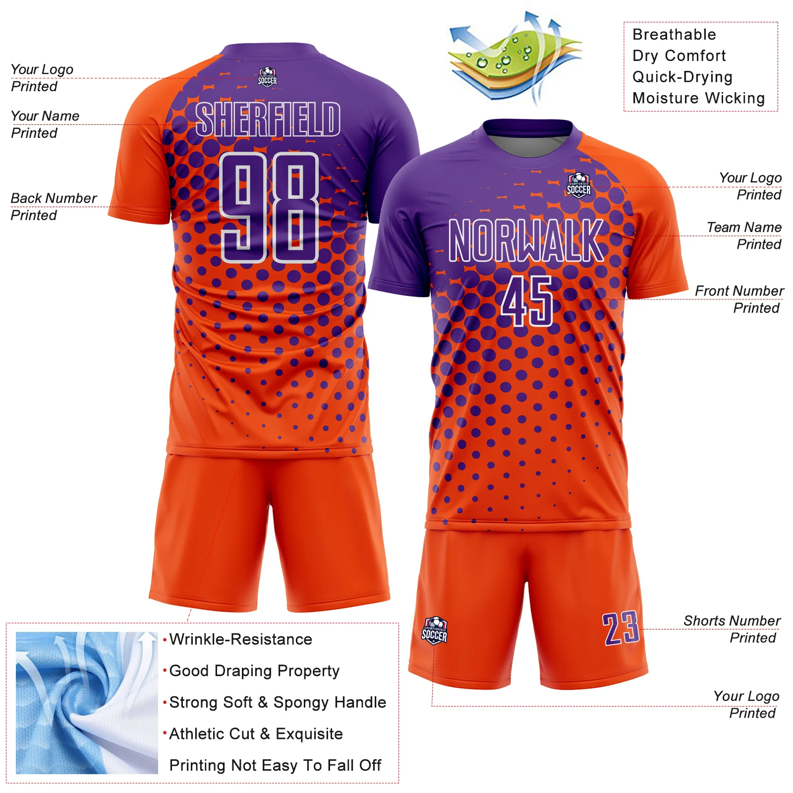 Custom Orange Purple-White Modern Polka Dot Sublimation Soccer Uniform Jersey - Image 4