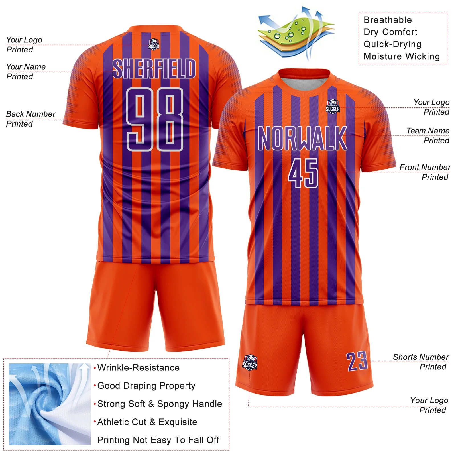Custom Orange Purple-White Stripe Sports Sublimation Soccer Uniform Jersey - Image 4