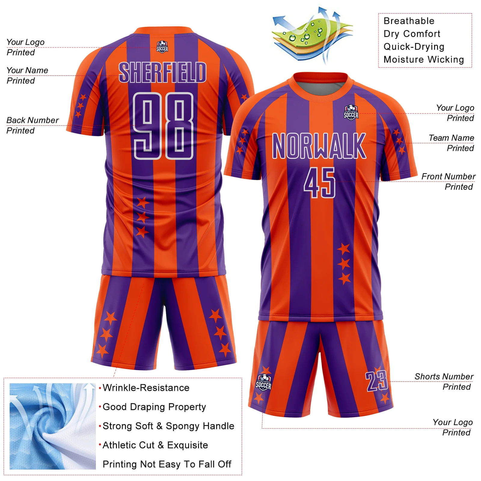 Custom Orange Purple-White Stars And Stripes Sports Sublimation Soccer Uniform Jersey - Image 4