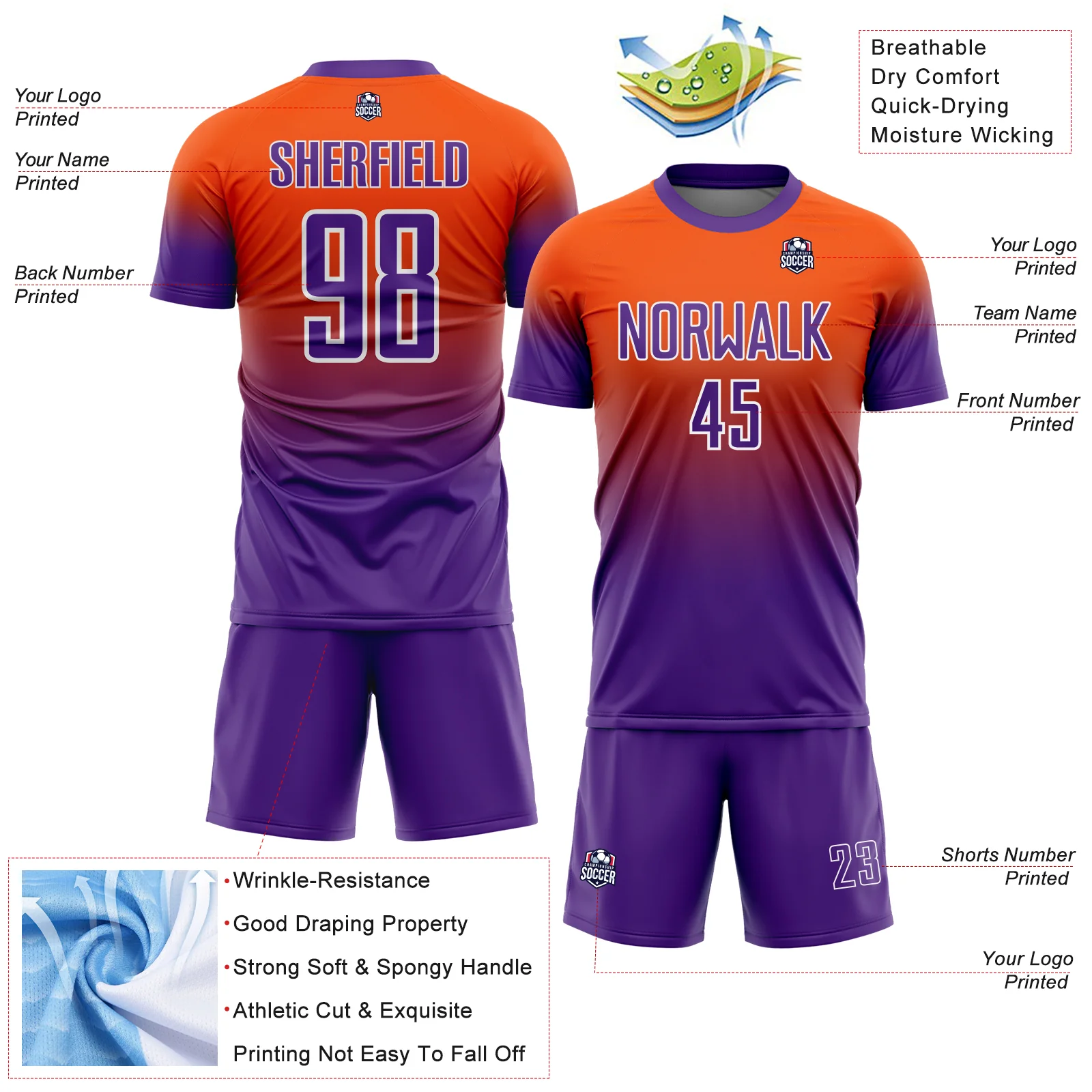 Custom Orange Purple-White Fade Fashion Sublimation Soccer Uniform Jersey - Image 4