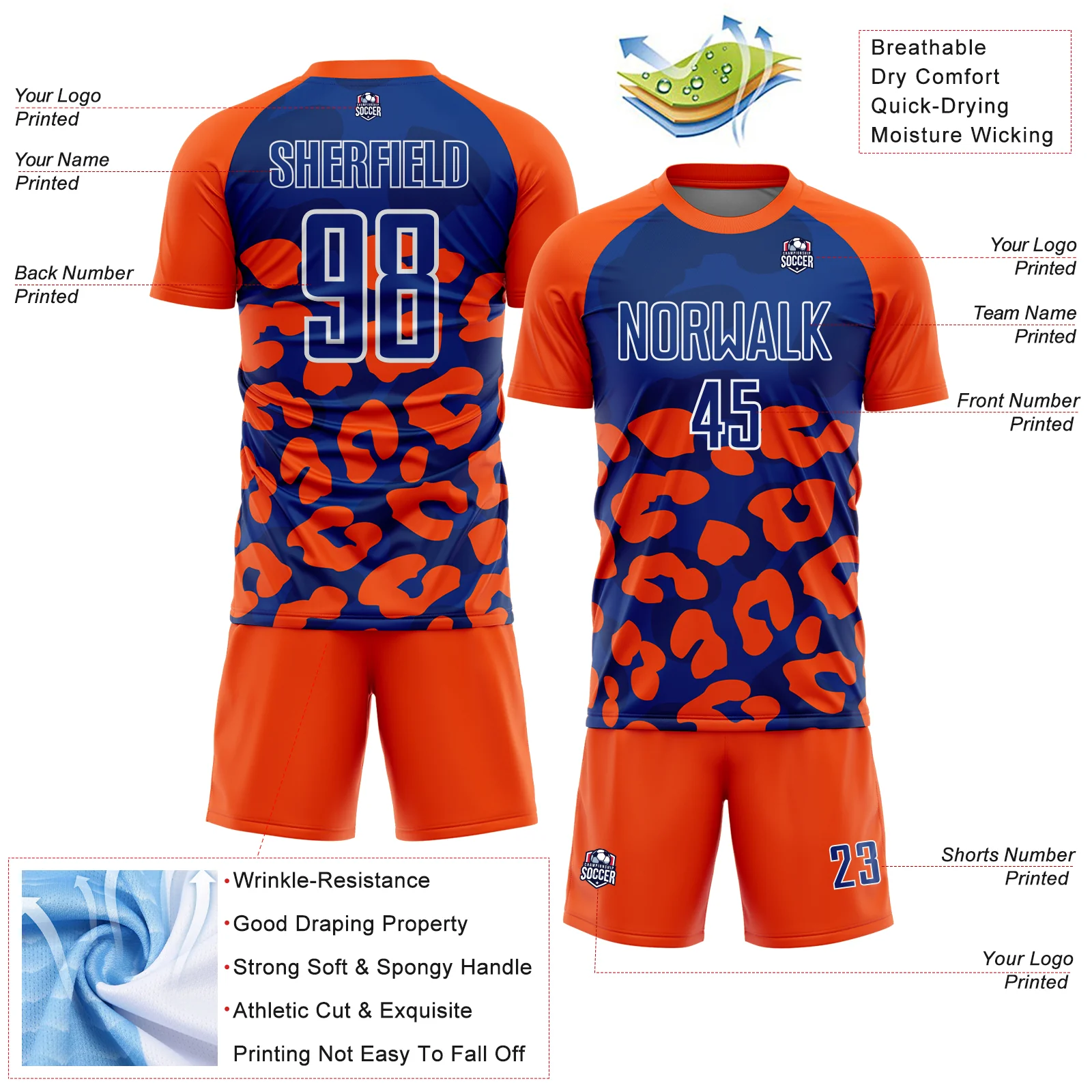 Custom Orange Royal-White Animal Leopard Print Sports Sublimation Soccer Uniform Jersey - Image 4