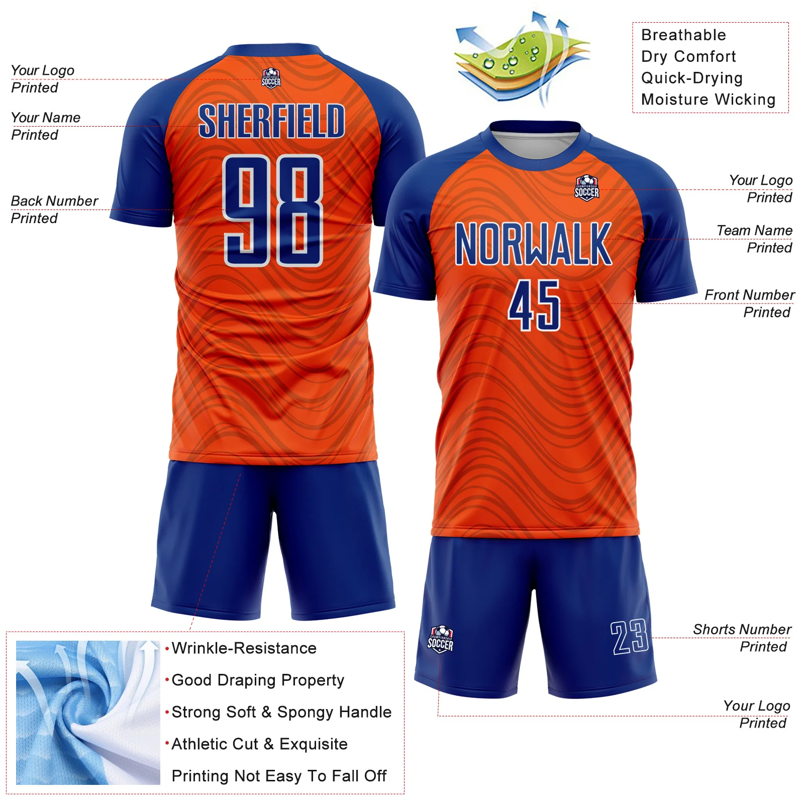 Custom Orange Royal-White Wavy Lines Sports Sublimation Soccer Uniform Jersey - Image 4