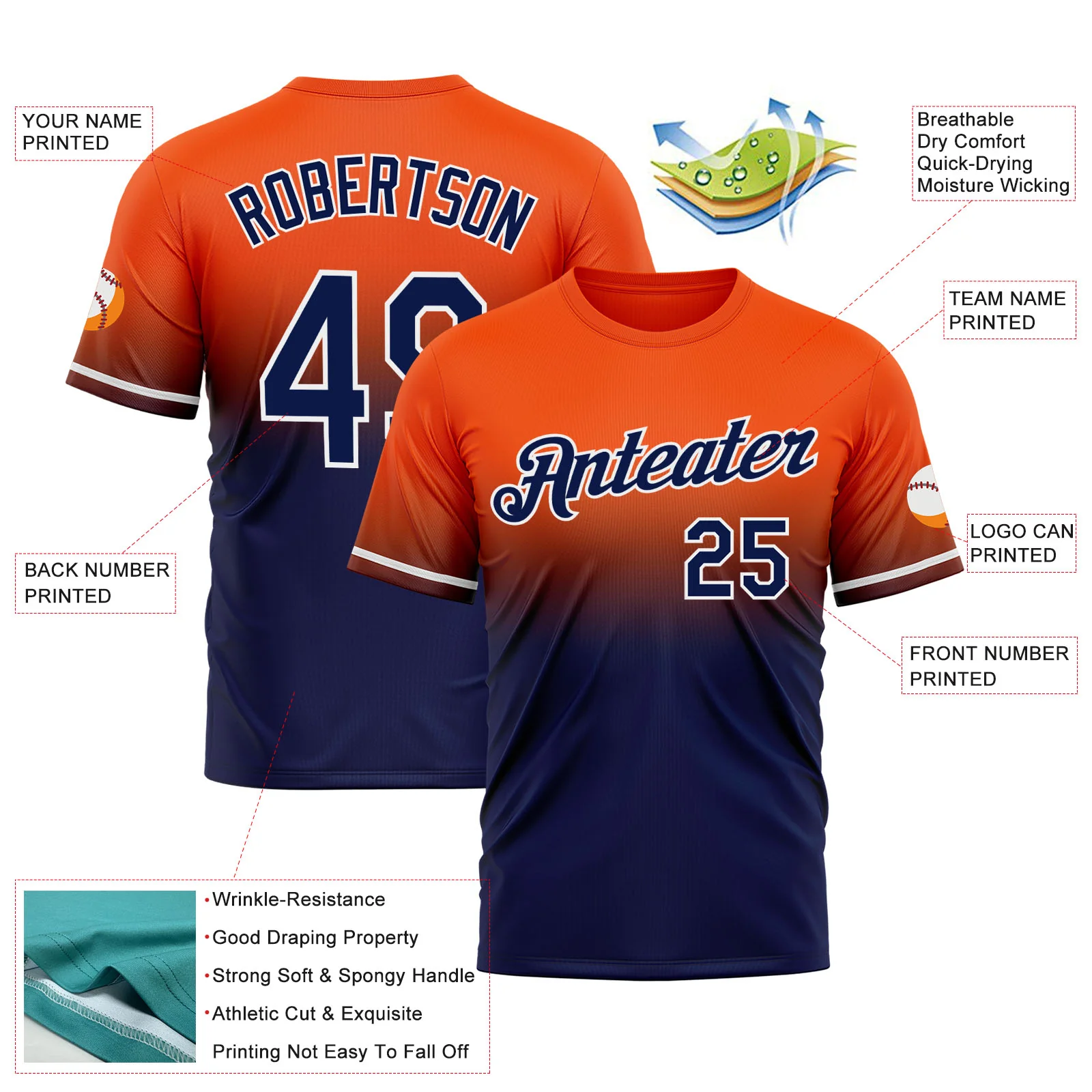 Custom Orange Navy-White Fade Fashion Performance T-Shirt - Image 3