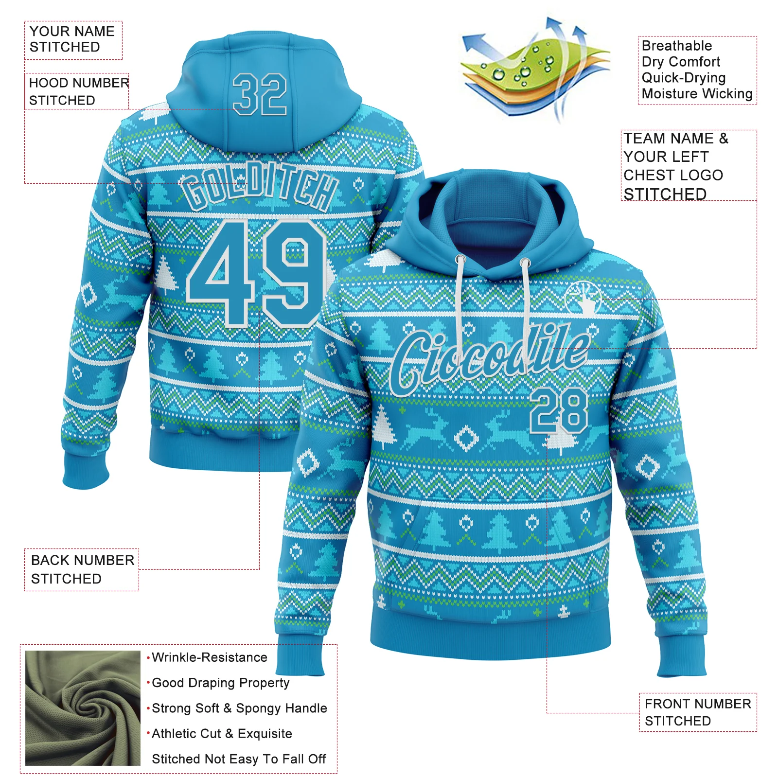 Custom Stitched Panther Blue Panther Blue-White 3D Christmas Ugly Sweater Sports Pullover Sweatshirt Hoodie - Image 2