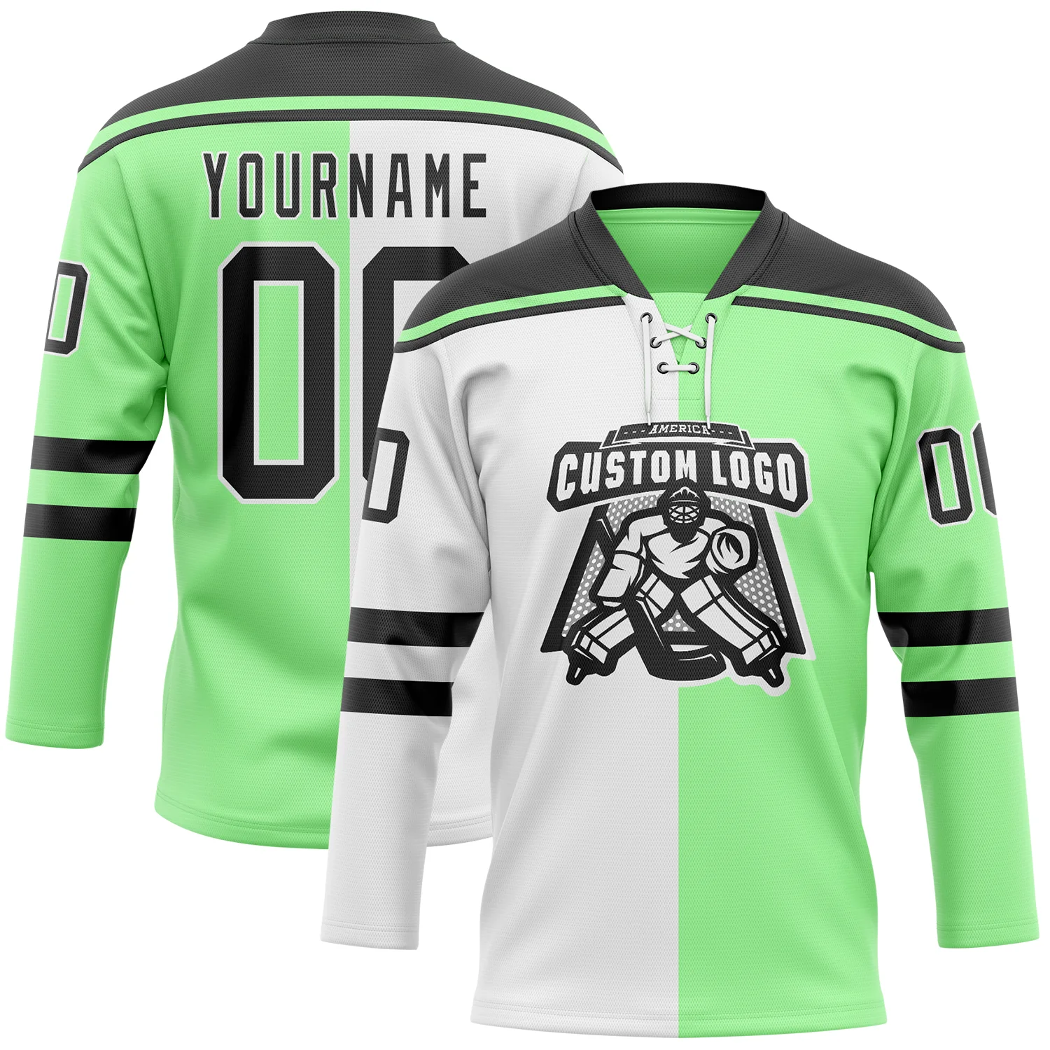 Custom Pea Green Black-White Split Fashion Hockey Lace Neck Jersey - Image 2