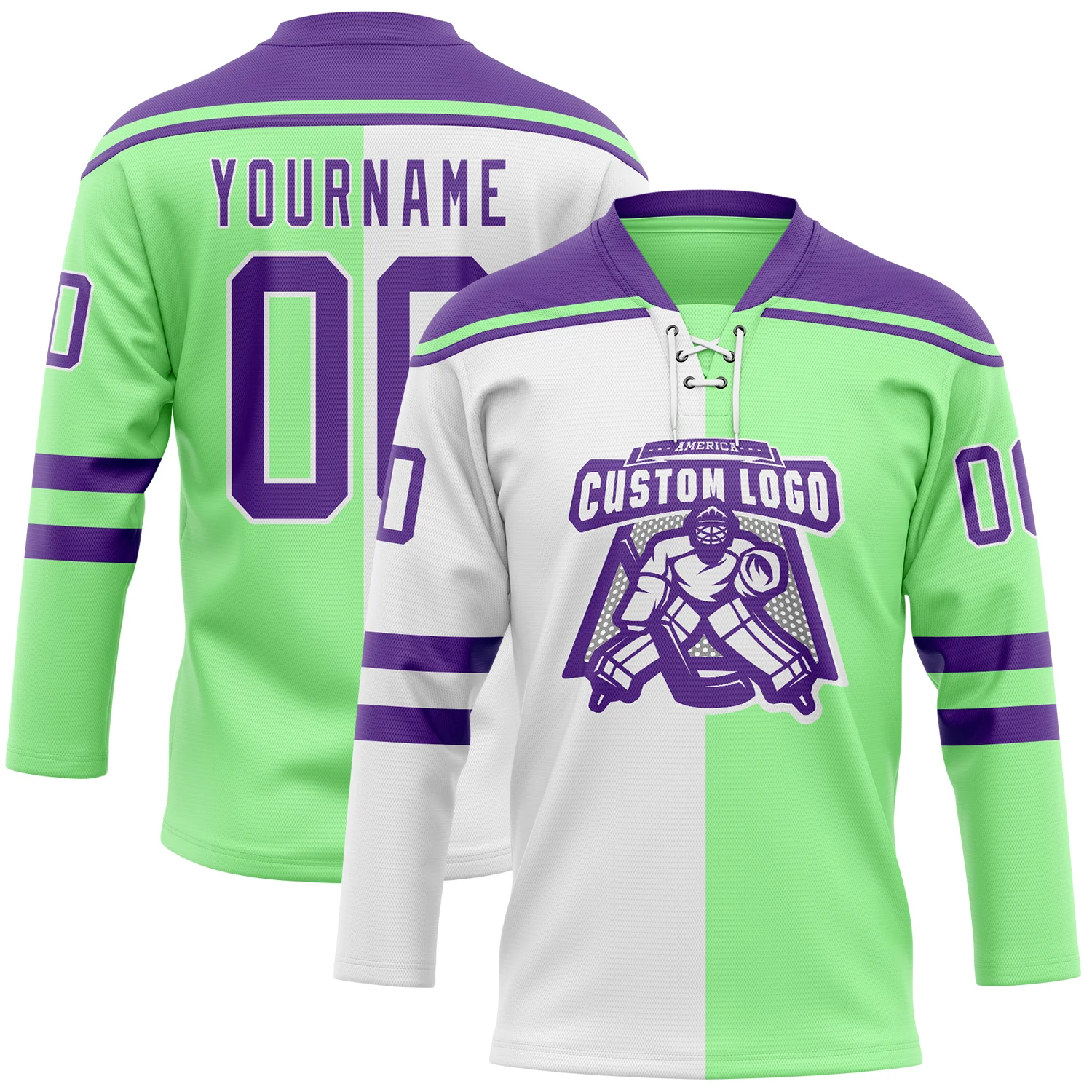 Custom Pea Green Purple-White Split Fashion Hockey Lace Neck Jersey - Image 2