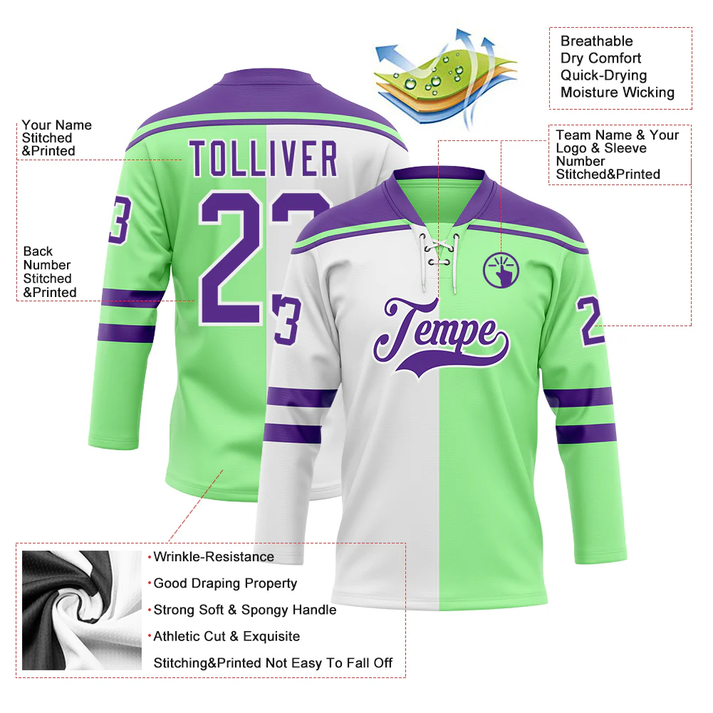 Custom Pea Green Purple-White Split Fashion Hockey Lace Neck Jersey - Image 5