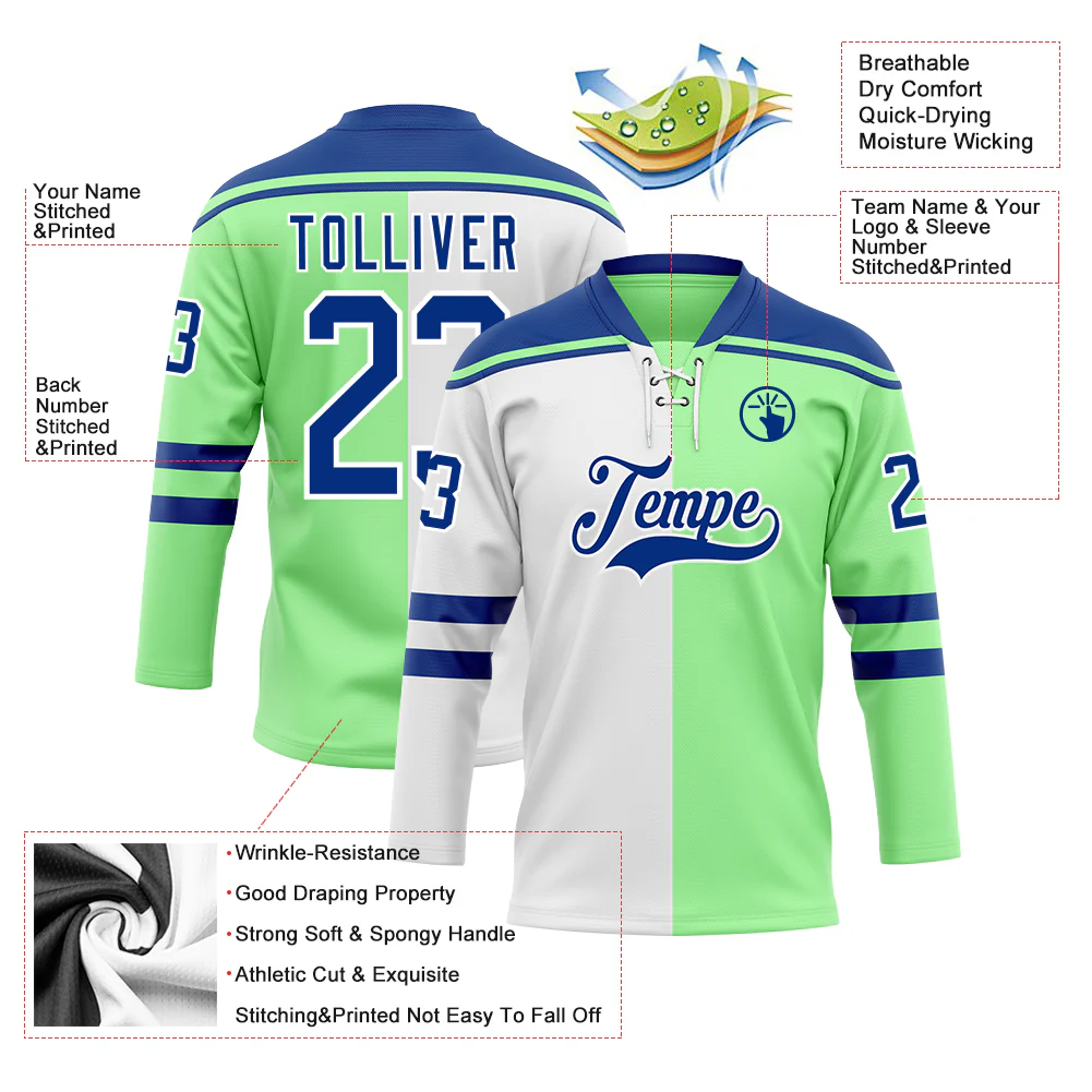 Custom Pea Green Royal-White Split Fashion Hockey Lace Neck Jersey - Image 5